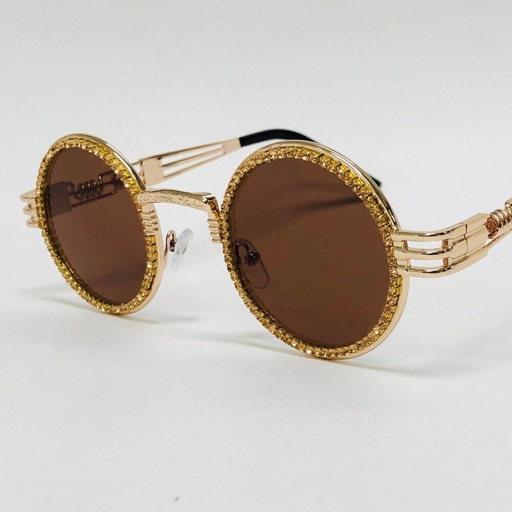 Round Sunglasses Steampunk Style Gold‎ Rhinestone Accent Men Diamond Brown Lens